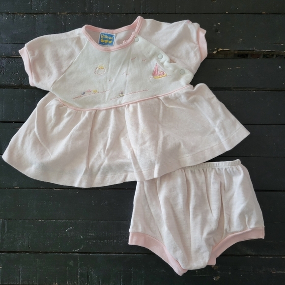 Little Me Vintage Baby Girl 12 Months Two Pieces Outfit Set Pink White Sailboats - Picture 1 of 7